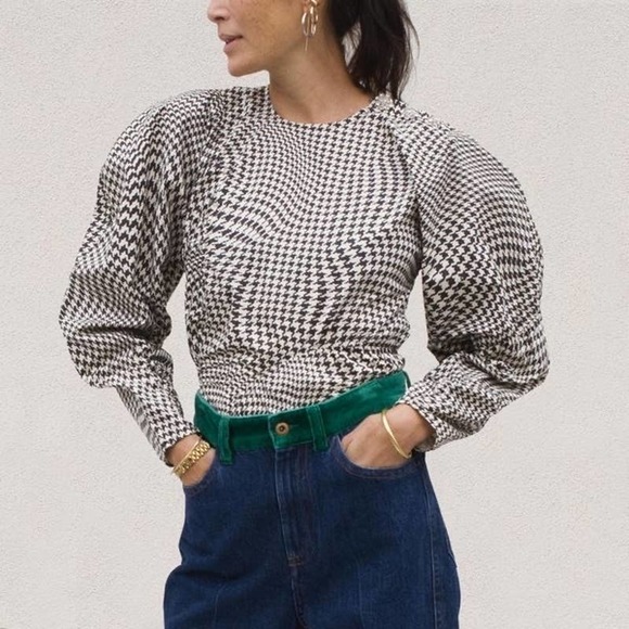 Ganni Tops - Ganni Organic Cotton Houndstooth Crystal Shoulder Button Blouse 34 4